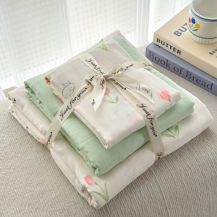 91家纺网 家纺一手货源 找家纺 2025新款全棉A类双层纱四件套系列-叠拍 郁金香小兔