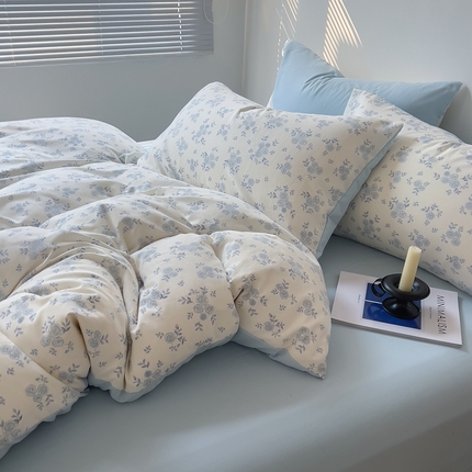 91家纺网 家纺一手货源 找家纺 希丞家居 2025新款ins小清新水洗针织棉四件套（提供买家秀） 蓝枝