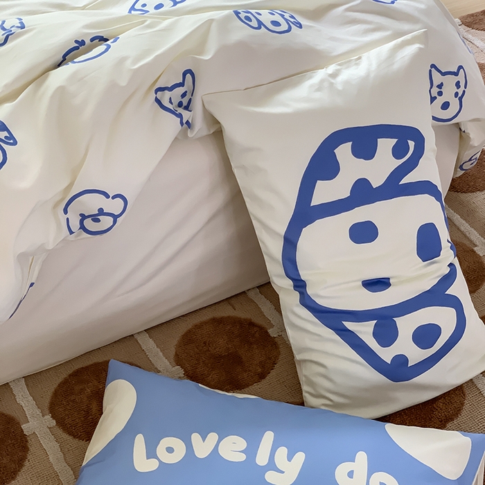 91家纺网 家纺一手货源 找家纺 尺素 2025新款韩国ins风全棉卡通印花四件套小红书博主纯棉学生三件套 lovely dog 蓝