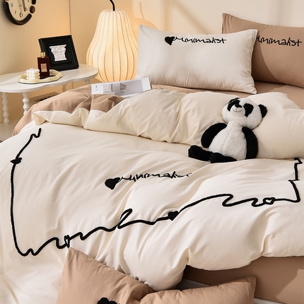 91家纺网 家纺一手货源 找家纺 炫拼家纺 2025新款灵动系A类全棉40支水洗棉毛巾绣四件套 灵动-可可咖