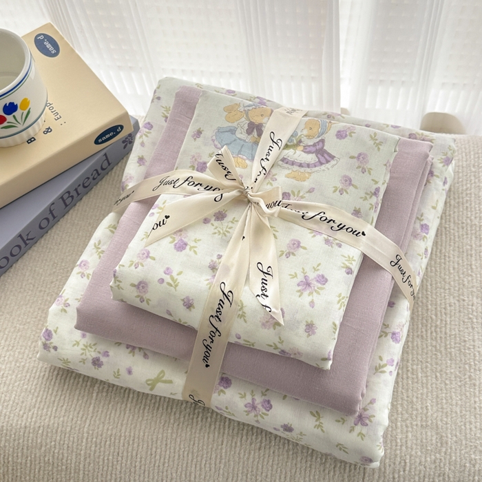 91家纺网 家纺一手货源 找家纺 2025新款全棉A类双层纱四件套系列-叠拍 花语兔