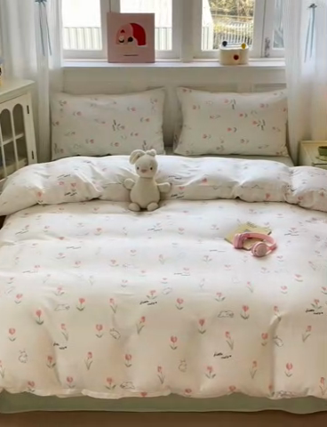 91家纺网 家纺一手货源 找家纺 2025新款全棉A类双层纱四件套系列-叠拍 郁金香小兔