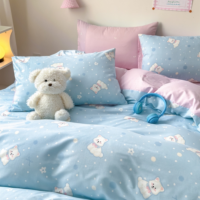 91家纺网 家纺一手货源 找家纺 2025新款全棉12868印花四件套 蓝色泡芙狗