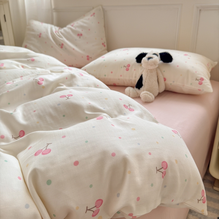 91家纺网 家纺一手货源 找家纺 2025新款全棉A类双层纱四件套系列-床拍 樱桃果