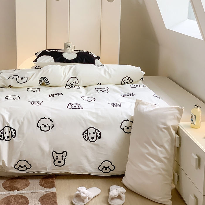 91家纺网 家纺一手货源 找家纺 尺素 2025新款韩国ins风全棉卡通印花四件套小红书博主纯棉学生三件套 lovely dog 象牙白