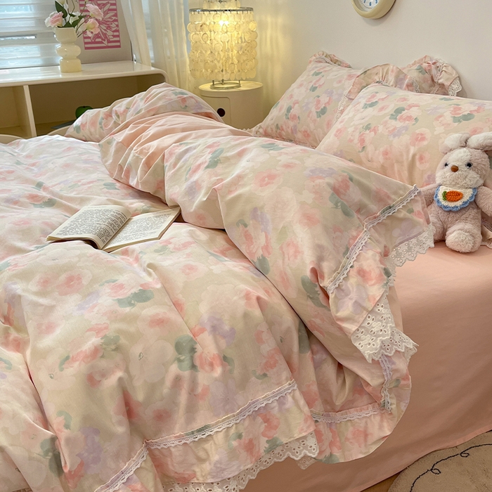 91家纺网 家纺一手货源 找家纺 蓝邻家纺 2025年新款全棉法式清新公主风双层花边四件套系列 潮汐月影