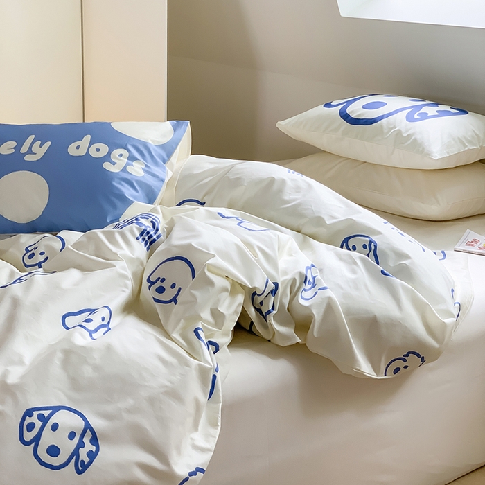 91家纺网 家纺一手货源 找家纺 尺素 2025新款韩国ins风全棉卡通印花四件套小红书博主纯棉学生三件套 lovely dog 蓝