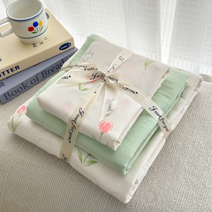 91家纺网 家纺一手货源 找家纺 2025新款全棉A类双层纱四件套系列-叠拍 郁金香小兔