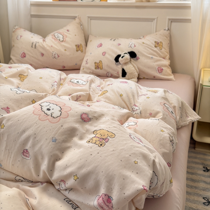 91家纺网 家纺一手货源 找家纺 2025新款全棉A类双层纱四件套系列-床拍 乖乖狗