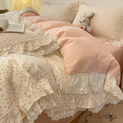 91家纺网 家纺一手货源 找家纺 蓝邻家纺 2025年新款全棉法式清新公主风双层花边四件套系列 嫣然-粉
