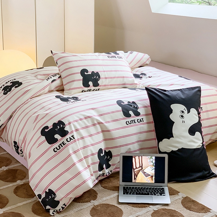 91家纺网 家纺一手货源 找家纺 尺素 2025新款韩国ins风全棉卡通印花四件套小红书博主纯棉学生三件套 可爱猫咪