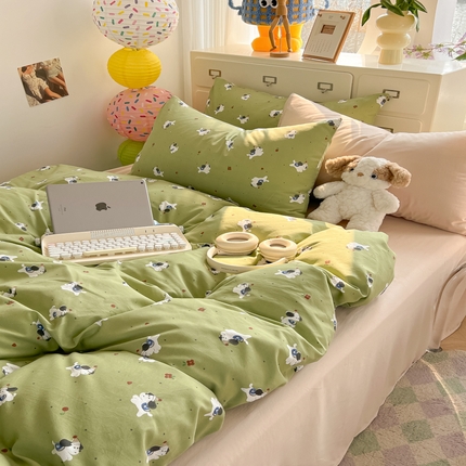 91家纺网 家纺一手货源 找家纺 韩巢家纺 2025新款水洗棉印花AA版四件套 一只绿狗