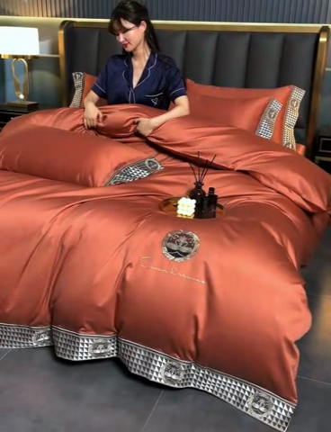 91家纺网 家纺一手货源 找家纺 2025新款长绒棉绣花黛娜系列四件套 黛娜-橘色