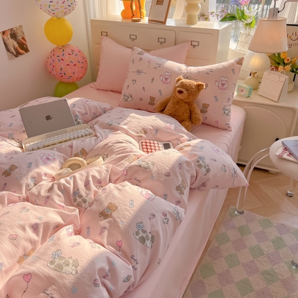 韩巢家纺 2025新款水洗棉印花AA版四件套 小猫线球