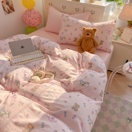 91家纺网 家纺一手货源 找家纺 韩巢家纺 2025新款水洗棉印花AA版四件套 小猫线球