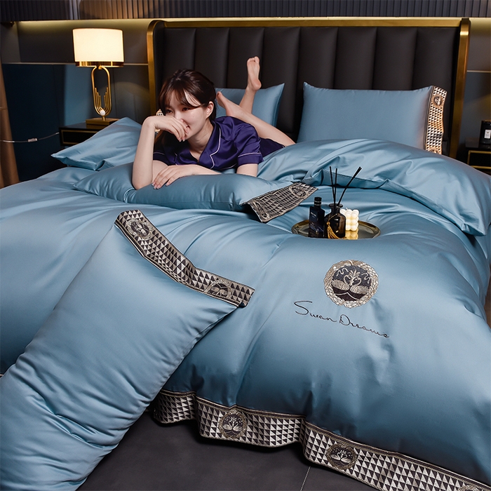 91家纺网 家纺一手货源 找家纺 2025新款长绒棉绣花黛娜系列四件套 黛娜-天空蓝