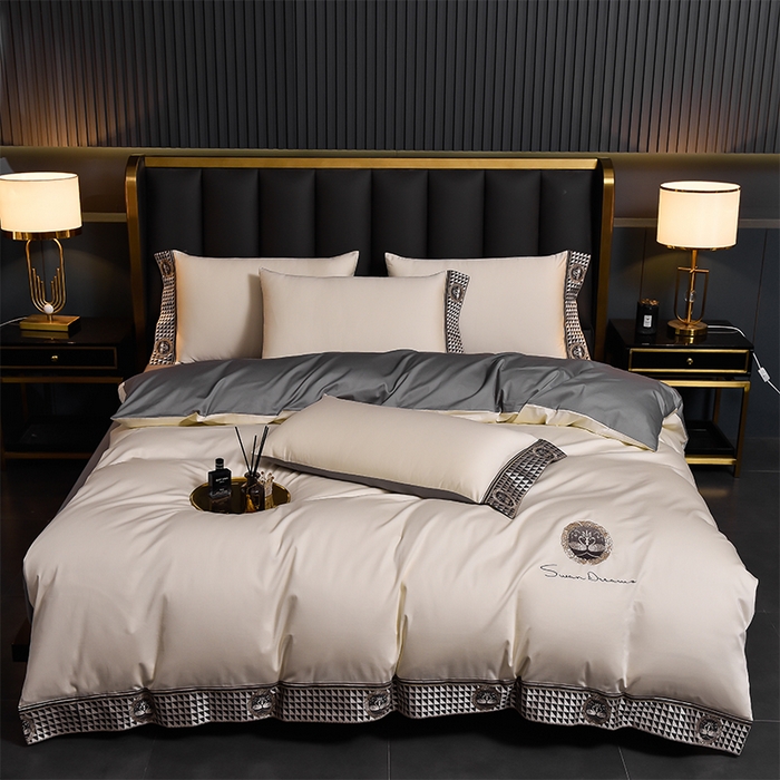 91家纺网 家纺一手货源 找家纺 2025新款长绒棉绣花黛娜系列四件套 黛娜-米白