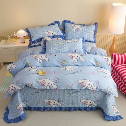 91家纺网 家纺一手货源 找家纺 （总）2025新款全棉印花三丽鸥系列花边床盖款四件套