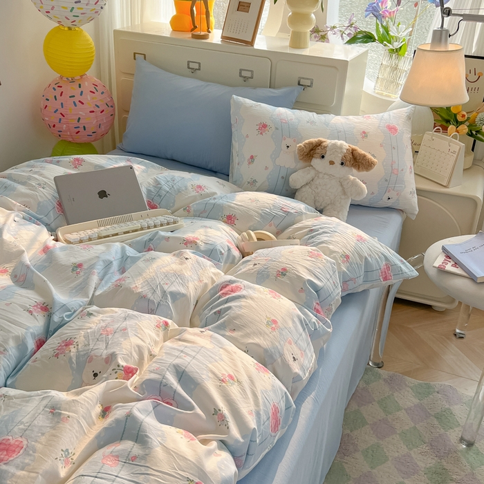 91家纺网 家纺一手货源 找家纺 韩巢家纺 2025新款水洗棉印花AA版四件套 小懒包