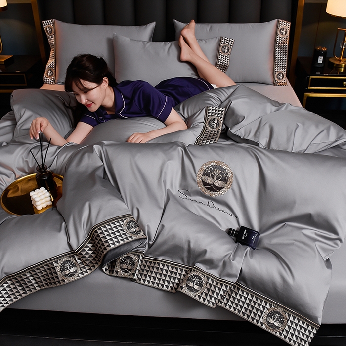 91家纺网 家纺一手货源 找家纺 2025新款长绒棉绣花黛娜系列四件套 黛娜-银灰