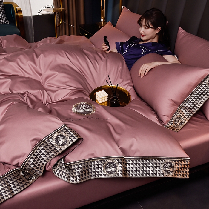 91家纺网 家纺一手货源 找家纺 2025新款长绒棉绣花黛娜系列四件套 黛娜-豆沙