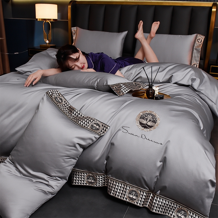 91家纺网 家纺一手货源 找家纺 2025新款长绒棉绣花黛娜系列四件套 黛娜-银灰