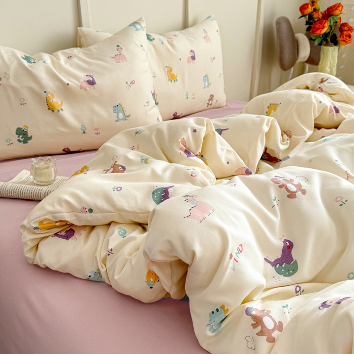 91家纺网 家纺一手货源 找家纺 梦莱斯 2025新款A类有氧针织棉双层纱系列四件套恐龙派对