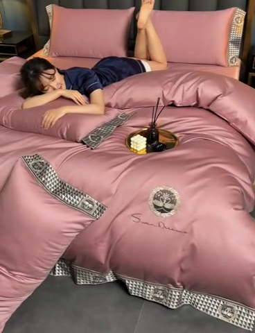 91家纺网 家纺一手货源 找家纺 2025新款长绒棉绣花黛娜系列四件套 黛娜-豆沙