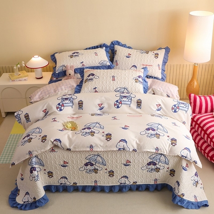 91家纺网 家纺一手货源 找家纺 （总）2025新款全棉印花三丽鸥系列花边床盖款四件套