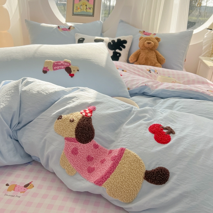 91家纺网 家纺一手货源 找家纺 韩巢家纺 2025新款大版水洗棉皱皱纱毛巾绣四件套(提供卖家秀) 格纹小狗