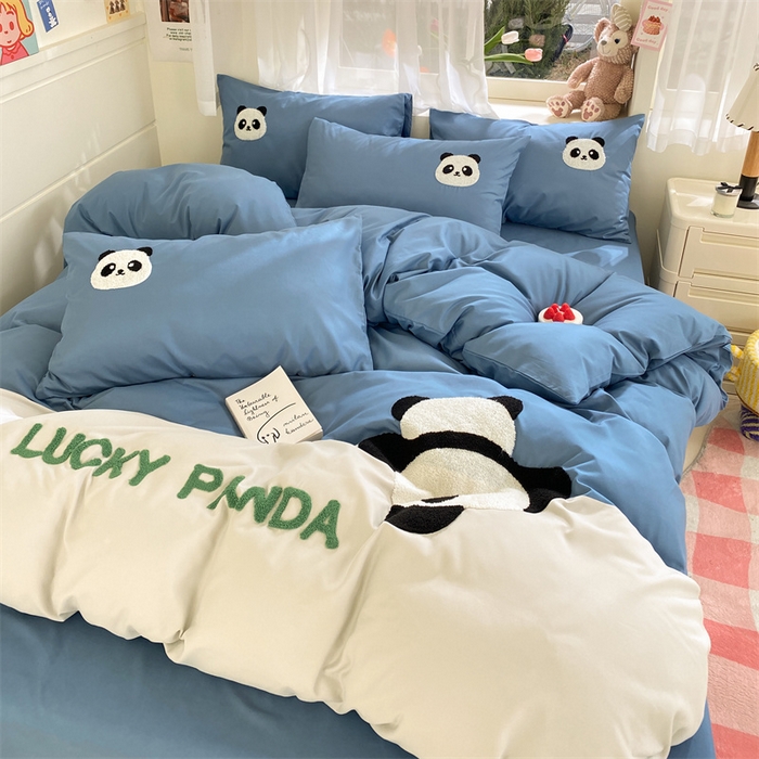 91家纺网 家纺一手货源 找家纺 盛秋家纺 2025新款A类水洗棉毛巾绣四件套-胖达 胖达-宾利蓝