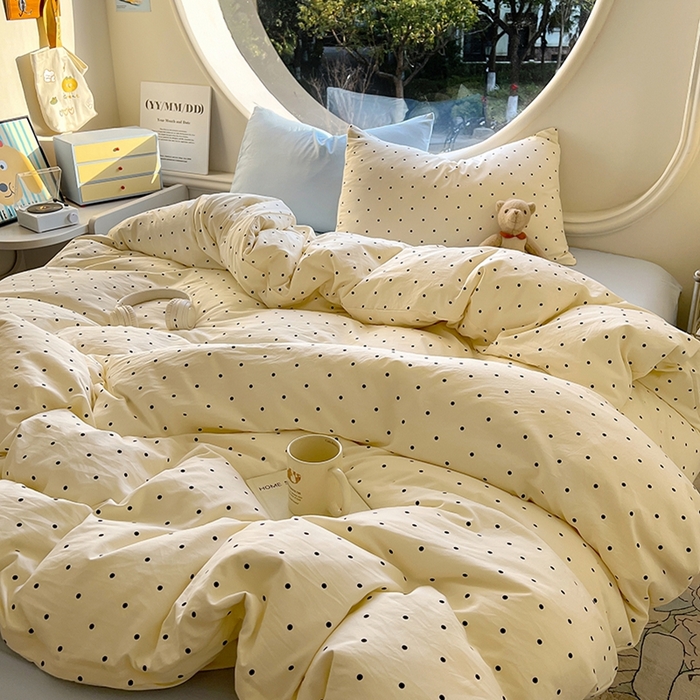 91家纺网 家纺一手货源 找家纺 茉礼 2025新款高克重ins风超柔软软糯糯小清新卡通印花水洗棉四件套 海盐波点