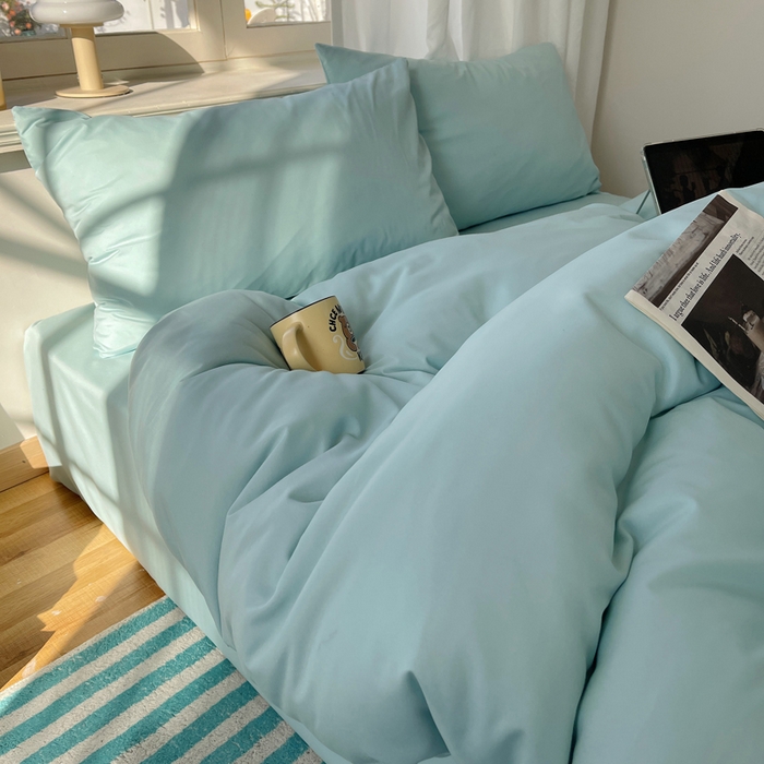 91家纺网 家纺一手货源 找家纺 芷凡家纺 2025新款亲肤棉纯色双拼四件套 蓝灰