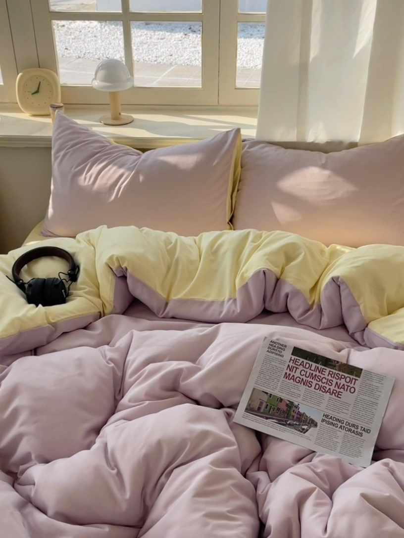 91家纺网 家纺一手货源 找家纺 芷凡家纺 2025新款亲肤棉纯色双拼四件套 丁香紫+奶黄