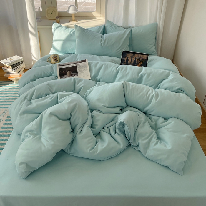 91家纺网 家纺一手货源 找家纺 芷凡家纺 2025新款亲肤棉纯色双拼四件套 蓝灰