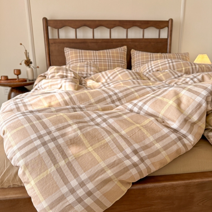 91家纺网 家纺一手货源 找家纺 呗旺鹿 2025新款A类母婴级全棉有氧双层纱印花四件套 卡皮奇诺