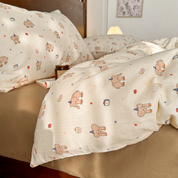 91家纺网 家纺一手货源 找家纺 呗旺鹿 2025新款A类母婴级全棉有氧双层纱印花四件套 长象鼻