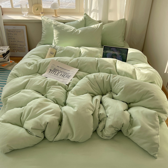 91家纺网 家纺一手货源 找家纺 芷凡家纺 2025新款亲肤棉纯色双拼四件套 浅绿