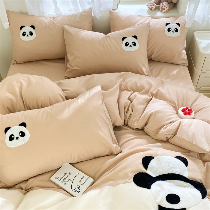 91家纺网 家纺一手货源 找家纺 盛秋家纺 2025新款A类水洗棉毛巾绣四件套-胖达 胖达-奶茶