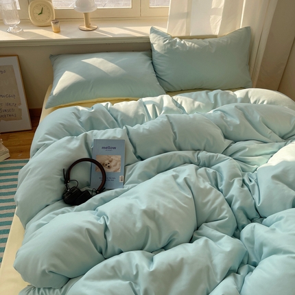 芷凡家纺 2025新款亲肤棉纯色双拼四件套 蓝灰+奶黄