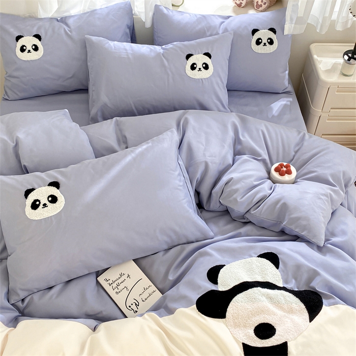 91家纺网 家纺一手货源 找家纺 盛秋家纺 2025新款A类水洗棉毛巾绣四件套-胖达 胖达-星黛紫