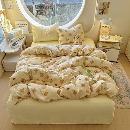 91家纺网 家纺一手货源 找家纺 茉礼 2025新款高克重ins风超柔软软糯糯小清新卡通印花水洗棉四件套 奶油小熊