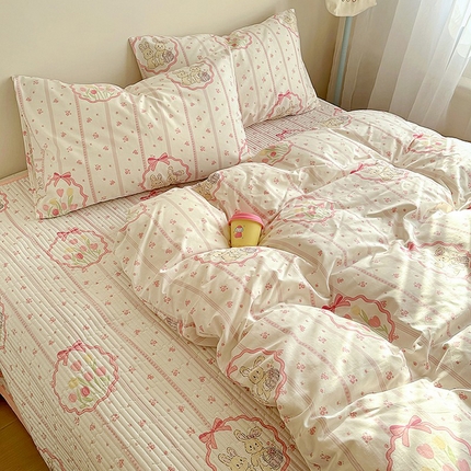 希诺家居 2025新款全棉卡通小清新床盖四件套 粉兔酱
