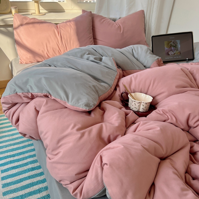 91家纺网 家纺一手货源 找家纺 芷凡家纺 2025新款亲肤棉纯色双拼四件套 豆沙+浅灰