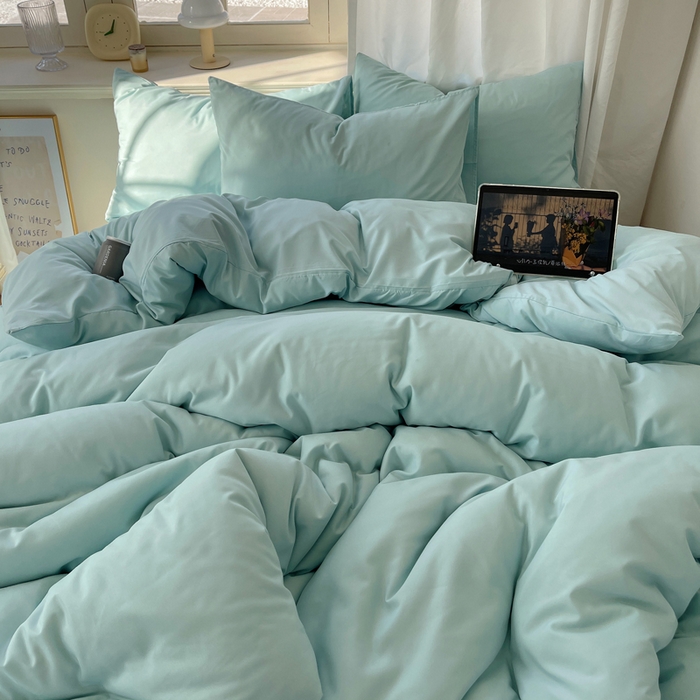 91家纺网 家纺一手货源 找家纺 芷凡家纺 2025新款亲肤棉纯色双拼四件套 蓝灰