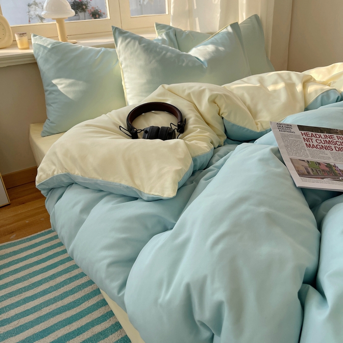 91家纺网 家纺一手货源 找家纺 芷凡家纺 2025新款亲肤棉纯色双拼四件套 蓝灰+奶黄