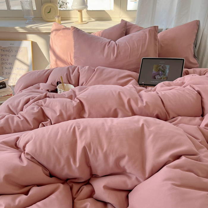 91家纺网 家纺一手货源 找家纺 芷凡家纺 2025新款亲肤棉纯色双拼四件套 豆沙+浅灰