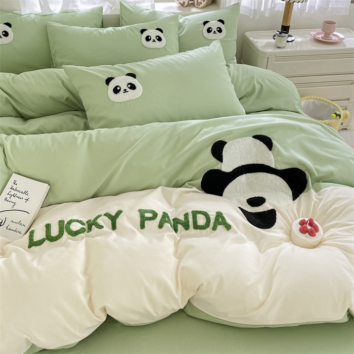 91家纺网 家纺一手货源 找家纺 盛秋家纺 2025新款A类水洗棉毛巾绣四件套-胖达 胖达-果绿