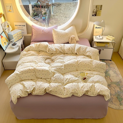 91家纺网 家纺一手货源 找家纺 茉礼 2025新款高克重ins风超柔软软糯糯小清新卡通印花水洗棉四件套 小爱心