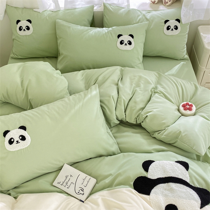 91家纺网 家纺一手货源 找家纺 盛秋家纺 2025新款A类水洗棉毛巾绣四件套-胖达 胖达-果绿